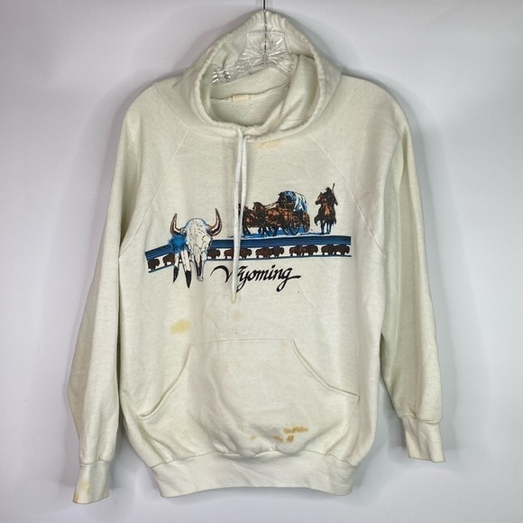 Vintage Wyoming White Hooded Sweatshirt Grunge Bison XL - Picture 1 of 8